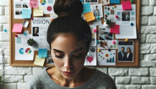 Close-up photo of an entrepreneur, a woman with a bun, deeply engrossed in her thoughts.