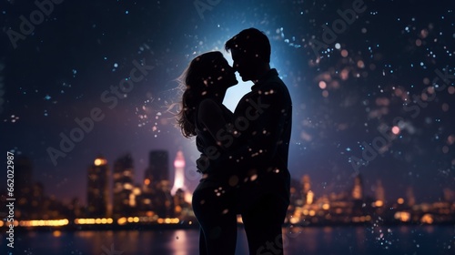 A Romantic Scene with a Couple Against a Night City Background.