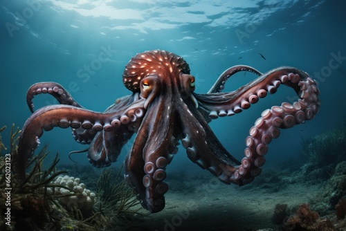a large octopus swims in the depths of the ocean