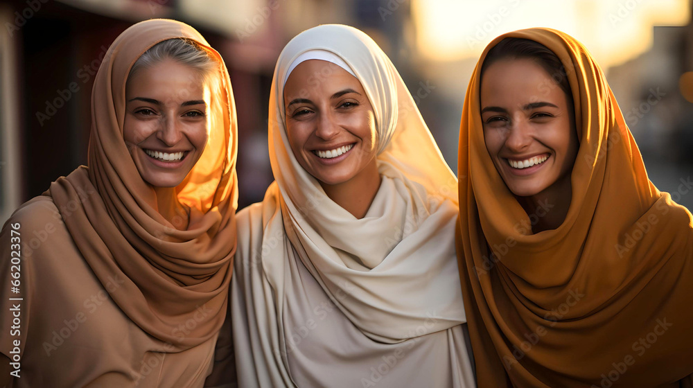 group of Arab women smiling with their hijab, free religious women, Arab tradition, feminism, fight for rights group of Arab women smiling with their hijab, free religious women, Arab tradition, feminism, fight for rights