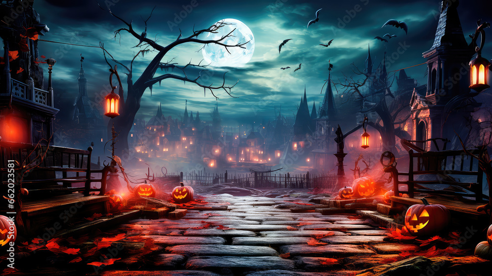 Jack lanterns glowing in the moonlight, in a creepy Halloween night scene. Halloween Landscape - Table And Cemetery on A Creepy Night. Generative AI Jack lanterns glowing in the moonlight, in a creepy Halloween night scene. Halloween Landscape - Table And Cemetery on A Creepy Night. Generative AI