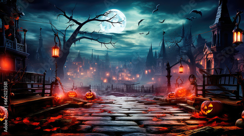 Jack lanterns glowing in the moonlight, in a creepy Halloween night scene. Halloween Landscape - Table And Cemetery on A Creepy Night. Generative AI © keks20034