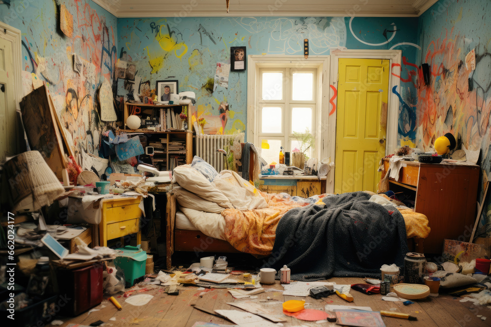 Messy teenager bedroom - AI Generated Messy teenager bedroom - AI Generated