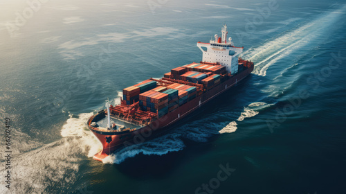 Sunlit aerial shot of a container vessel cruising on calm seas. Highlighting global trade, ocean logistics, and maritime transport. Vivid and high-contrast lighting.