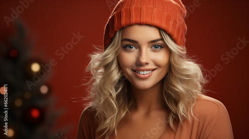 Christmas Radiance: Smiling Hot Blonde in a Festive Red Hat
