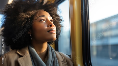 Portrait of a young woman on public transportation looking out the window