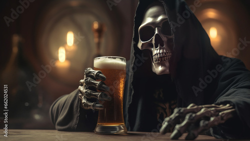 grim reaper holding a glass of beer onselective focus background