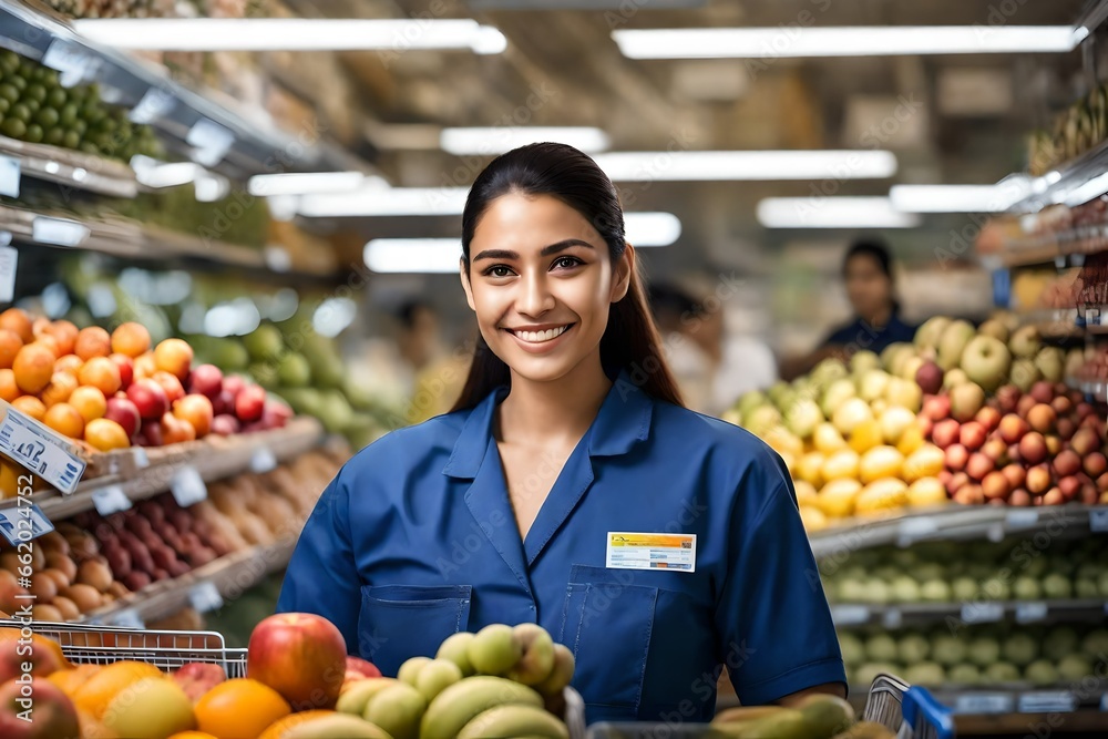 Smiling Hispanic female supermarket fruit section worker looking at the camera