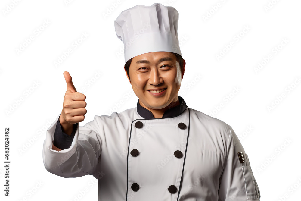 asian Chef Holding Thumbs Up With One Hand isolated on transparent background generative ai asian Chef Holding Thumbs Up With One Hand isolated on transparent background generative ai