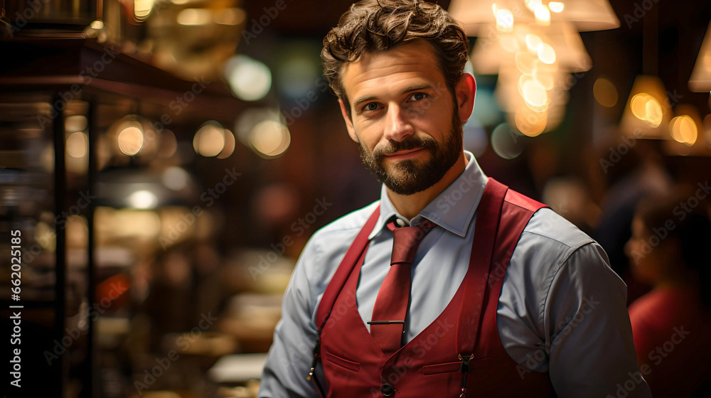 Caucasian man, restaurant waiter, formal style Caucasian man, restaurant waiter, formal style