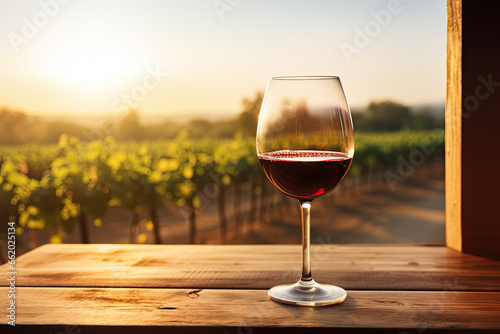 Glass of red wine on a wooden table, with vineyard in the background - AI Generated