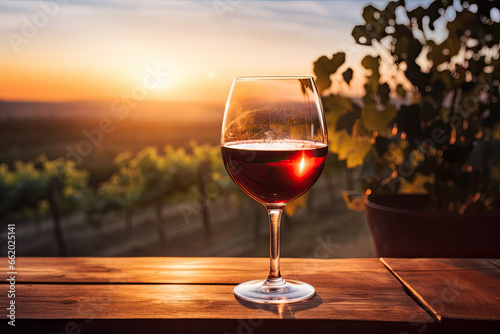 Glass of red wine on a wooden table, with vineyard in the background - AI Generated