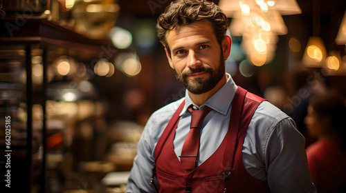 Caucasian man, restaurant waiter, formal style