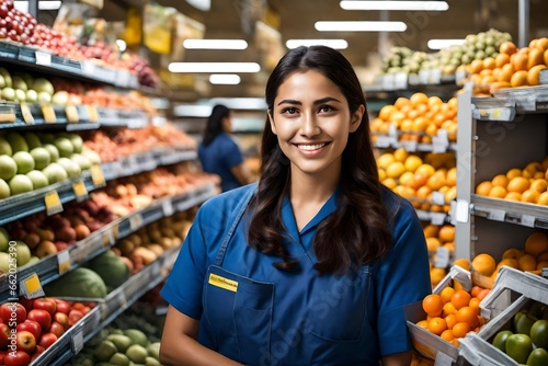 Smiling Hispanic female supermarket fruit section worker looking at the camera