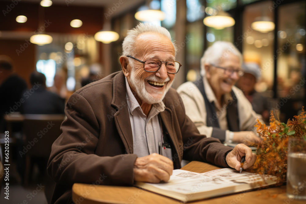A group of elderly people sharing jokes at a retirement home, highlighting the timeless nature of humor. Concept of humor across generations. Generative Ai. A group of elderly people sharing jokes at a retirement home, highlighting the timeless nature of humor. Concept of humor across generations. Generative Ai.