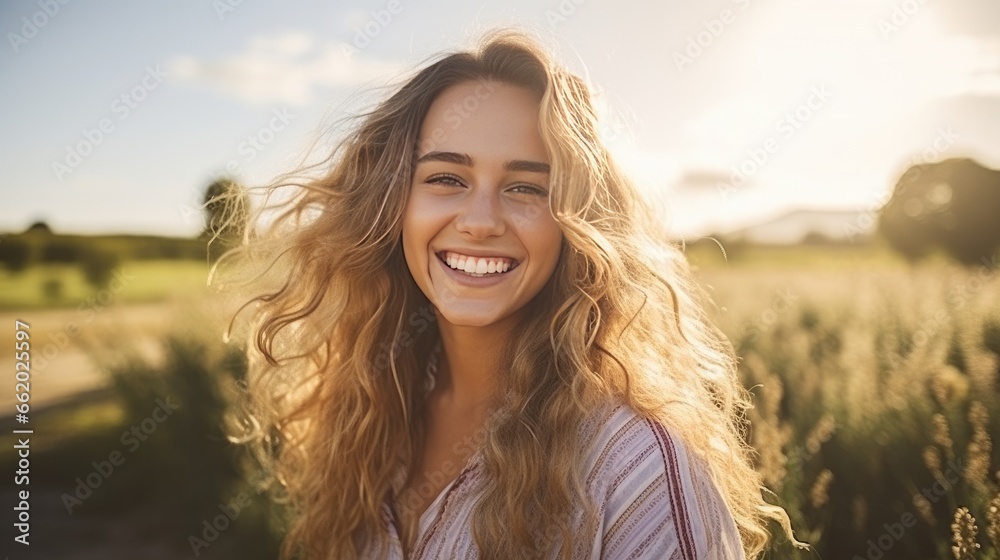 Portrait of a young, smiling, and cheerful woman