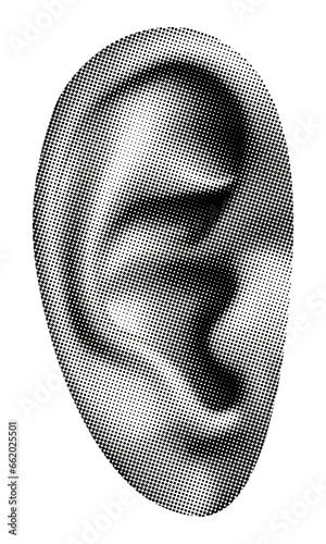 human ear isolated retro grunge halftone dotted texture vintage magazine style collage element for mixed media design