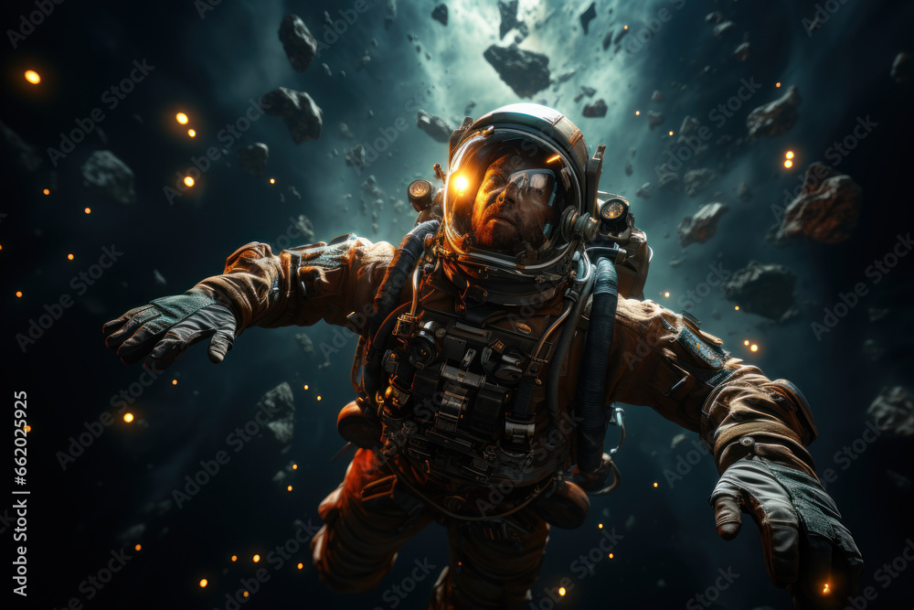 Fototapeta premium An astronaut floating in the vastness of space, surrounded by stars. Concept of space exploration and human achievement. Generative Ai.
