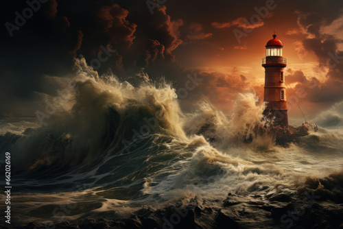A solitary lighthouse standing tall amidst crashing waves. Concept of guidance and resilience. Generative Ai.