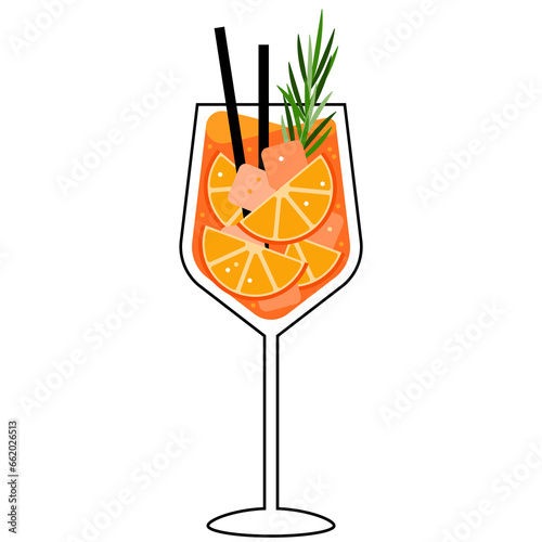 Aperol spritz cocktail vector flat illustration. Alcohol drink with orange slice and ice. Classic cocktail trendy alcohol drink. Summer cocktail aperitif with oranges and ice cubes