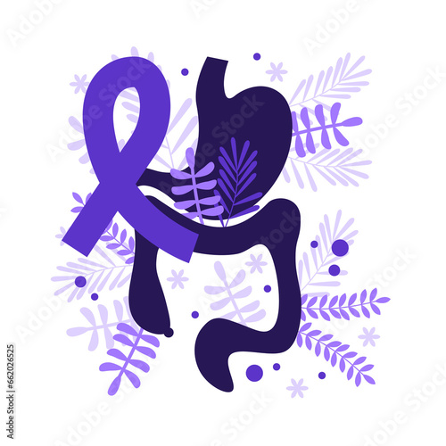 Crohn’s and Colitis Awareness Week. Purple awareness ribbon, stomach, intestine, bowel. Crohn's Disease and Ulcerative Colitis