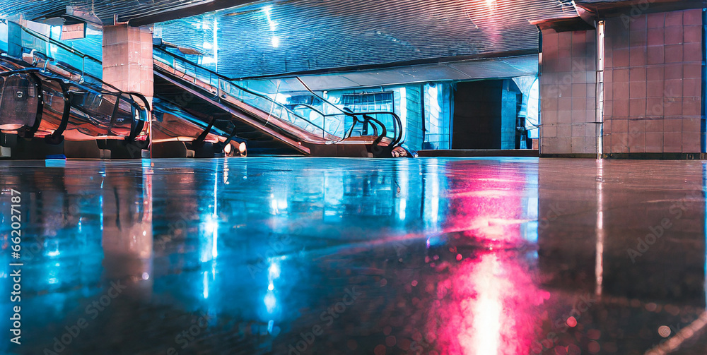realistic underground subway station background with wet floors futuristic metro interior wi  - obrazy, fototapety, plakaty 