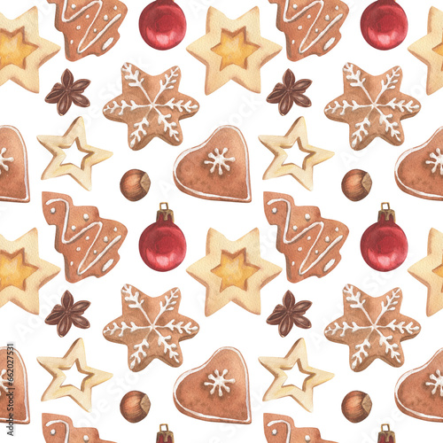 Seamless pattern of Christmas elements drawn in watercolors. Cookies and spices.