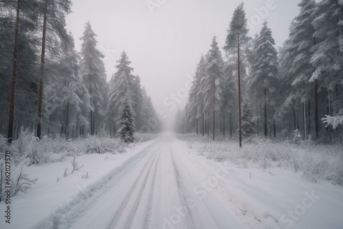 Snowy winter road through a scenic forest in Finland. Generative AI © Isolde