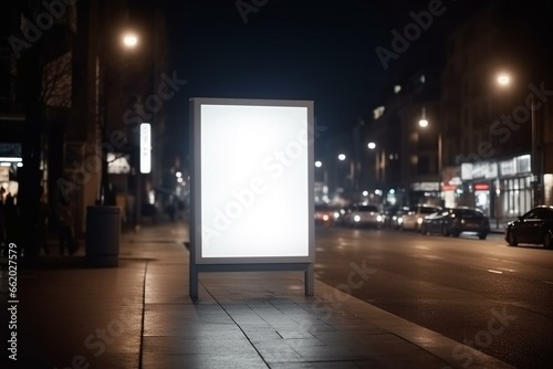 An empty lightbox featuring a white poster against a blurred city street background. Generative AI