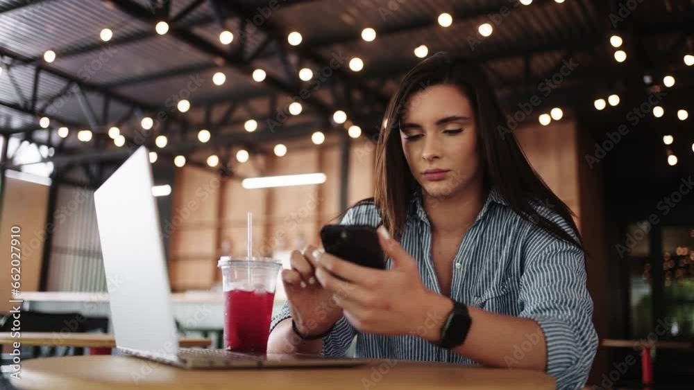 Portrait Of Student Girl Using Smartphone In Cafe, Internet Addiction Of Modern People, Freelancer Portrait Of Student Girl Using Smartphone In Cafe, Internet Addiction Of Modern People, Freelancer