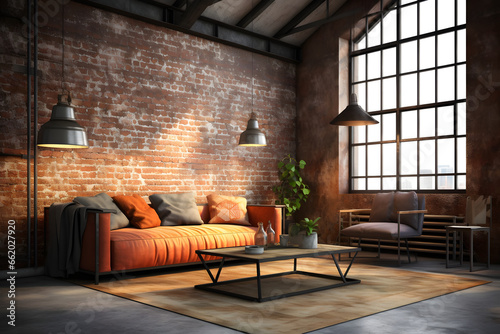 Spacious apartment loft living room interior with red brick wall and orange furniture
