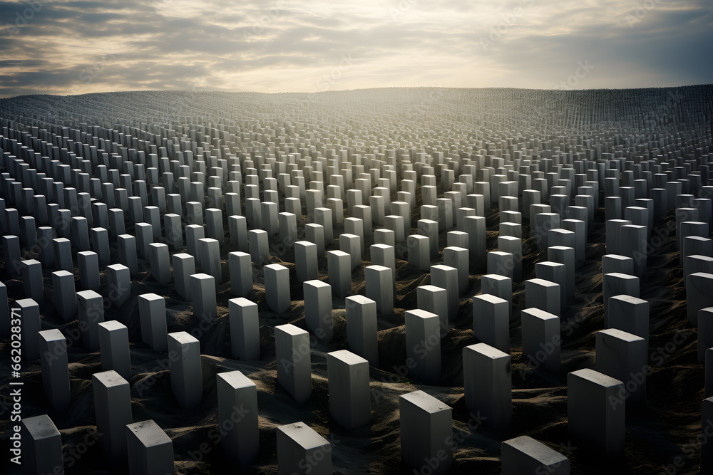 Obraz premium the horrors of war: hundreds of grey identical military graves with grave stones to the horizon - memorial for fallen soliders