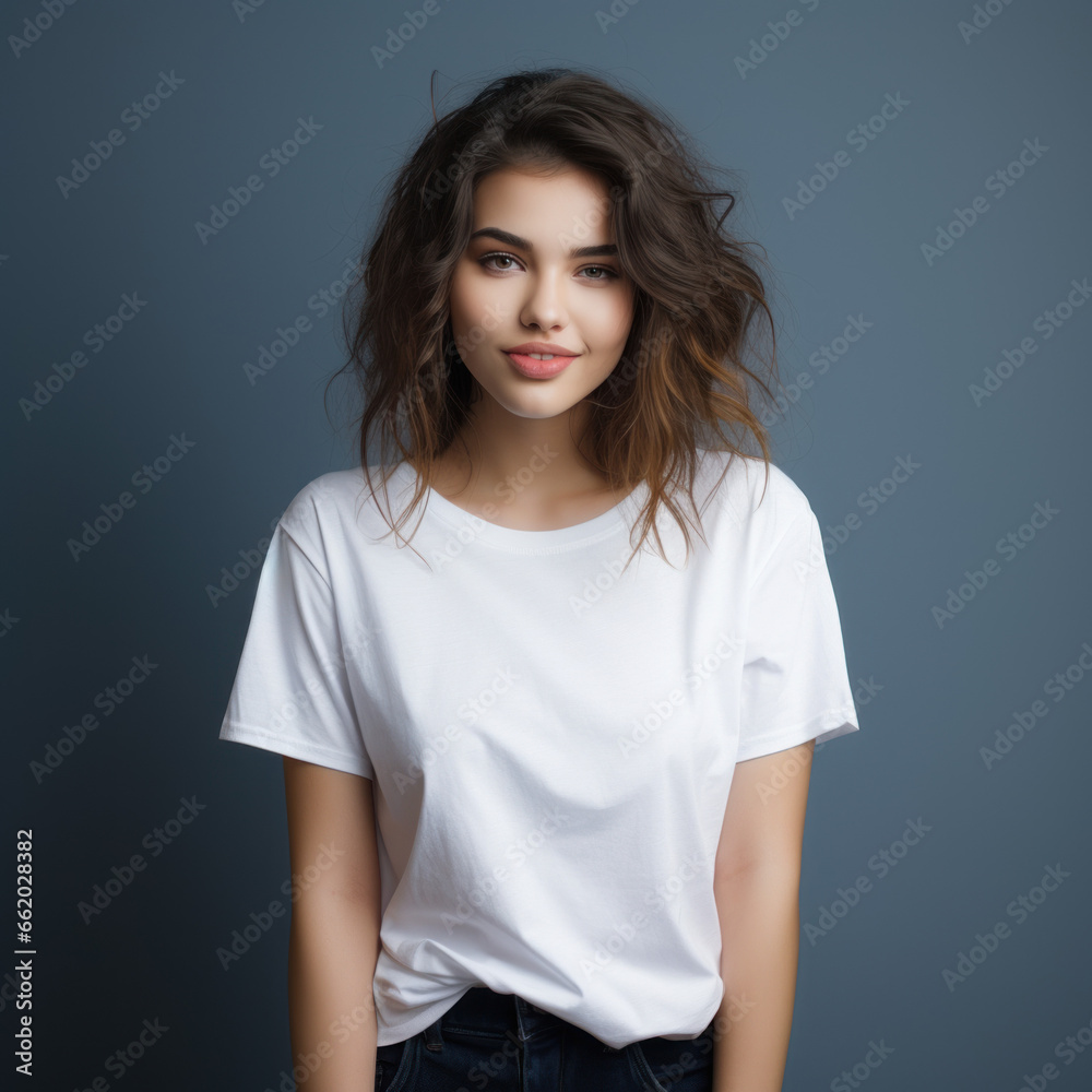 Fototapeta premium Portrait d'une jeune femme brune au regard pétillant sur un fond bleu-gris