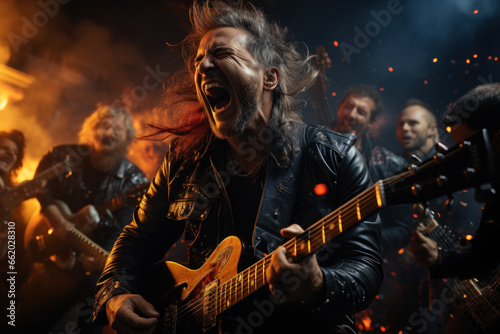 A determined rock band performing with passion and energy to a cheering crowd. Concept of musical artistry and live entertainment. Generative Ai.