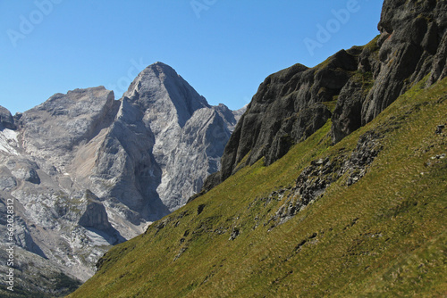 la cima del Gran Vernel e le nere rocce vulcaniche di Porta Vescovo in Val di Fassa photo