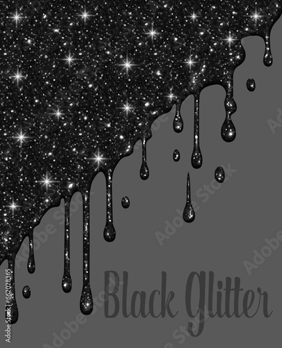 Black glitter. Black paint dripping on a gray background. Dripping liquid. The paint is flowing. Paint is flowing and drips. Templates for design, banners, creativity.