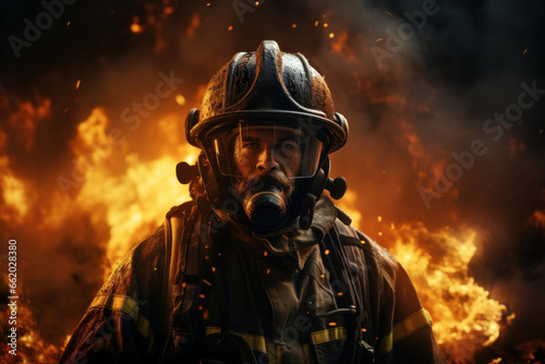 A dedicated firefighter battling a blazing inferno with courage and determination. Concept of bravery and public service. Generative Ai.