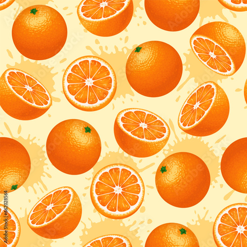 Orange fruit. Pattern of oranges on a light background. Whole orange fruit sliced with juicy splashes. The design is great for wallpaper, fabric, labels, packaging.