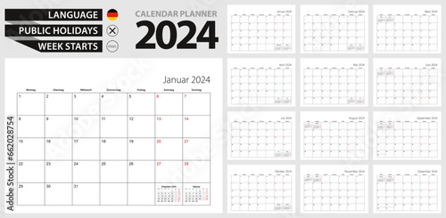 German calendar planner for 2024. German language, week starts from Monday.