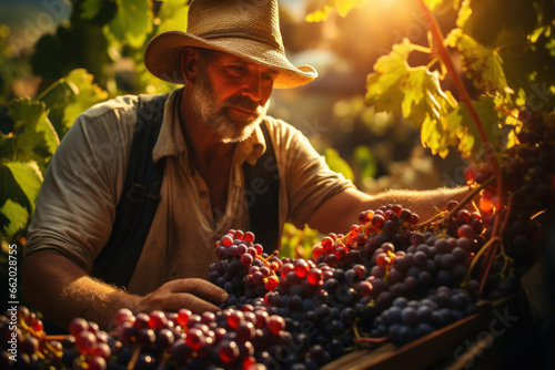 A passionate vintner cultivating vineyards and harvesting ripe grapes for winemaking. Concept of viticulture and wine production. Generative Ai.