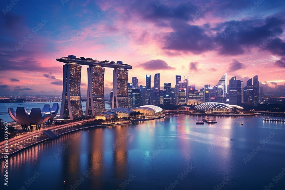 Canvas artwork of Singapore city at dusk. Serene landscape showcasing business buildings around Marina Bay. Modern high-rise structures in twilight. Generative AI