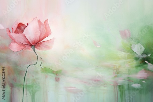 Attractive floral artwork with abstract pink and green misty morning ambiance on a banner. Generative AI