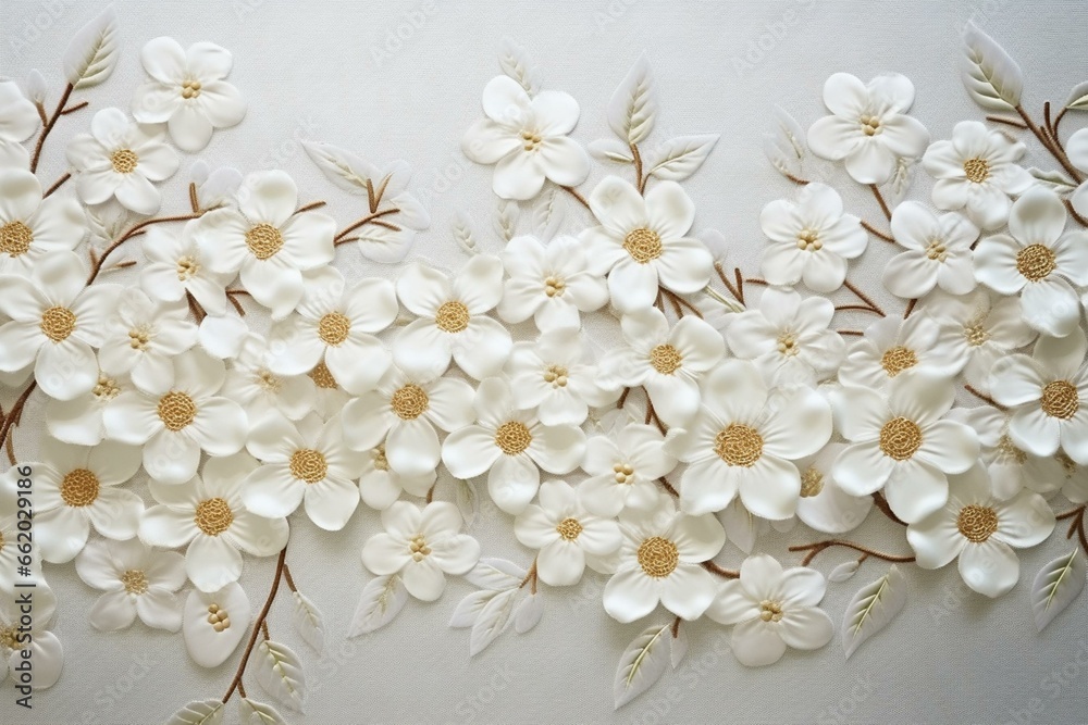 Close-up view of white flowers on embroidered background with additional flowers. Copy space available. Generative AI