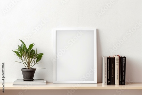 Empty frame on shelf with books. Design template. Mock up. Generative AI