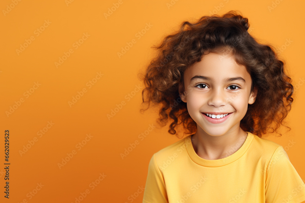 a girl smiling looking at camera on solid color background. space for text a girl smiling looking at camera on solid color background. space for text