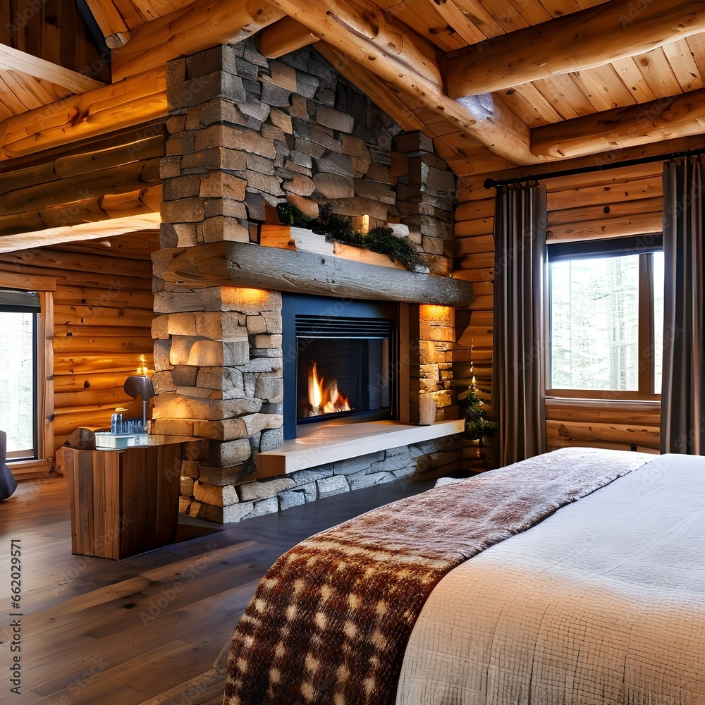 A cozy, cabin-style bedroom with log furniture, plaid bedding, and a stone fireplace2, Generative AI