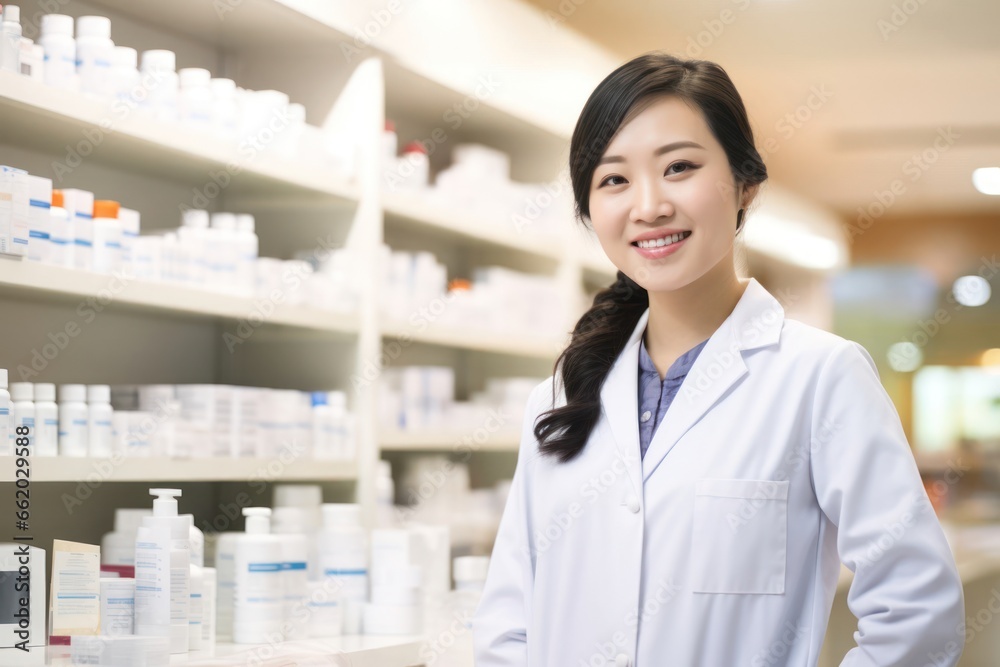 Asian Woman Pharmacist Occupation Lifestyle Backdrop Generative AI