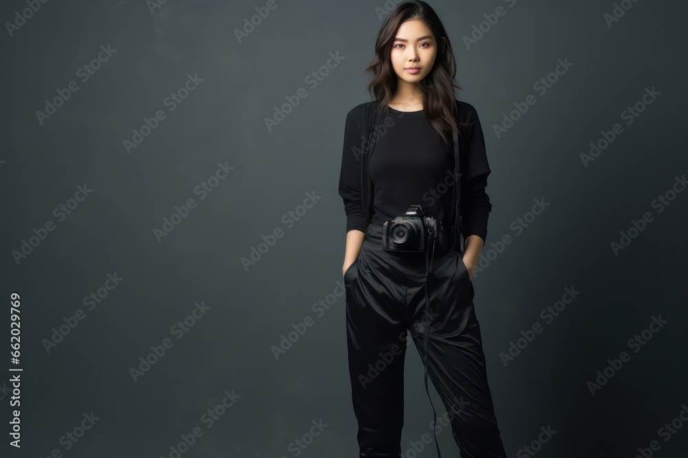 Asian Woman Photographer Lifestyle Backdrop Generative AI Asian Woman Photographer Lifestyle Backdrop Generative AI