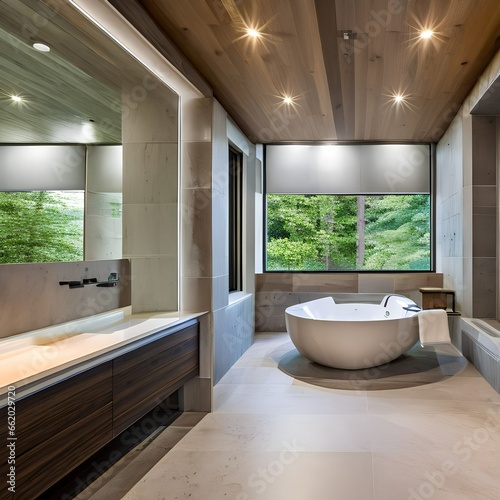 A tranquil  spa-like bathroom with a sunken tub  natural stone  and dimmed  soft lighting1  Generative AI