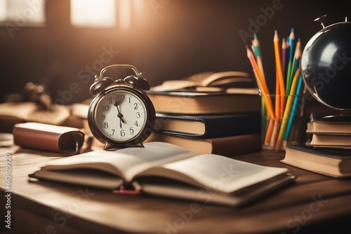 clock and books on table